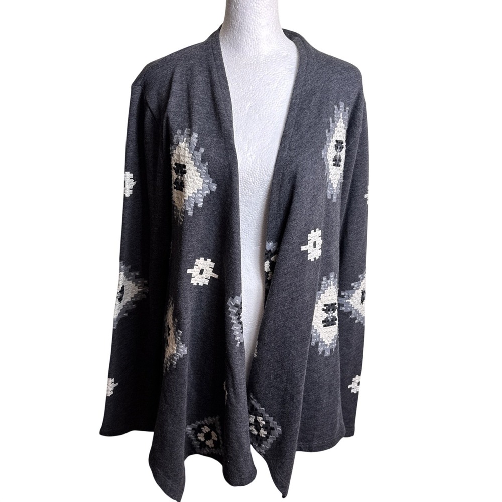 Lucky Bliss Southwest Embroidered Cardigan Sweater Charcoal Gray Aztec‎ Boho L